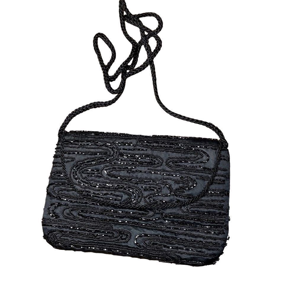 Black beaded satin style dressy special occasion cross body or clutch purse